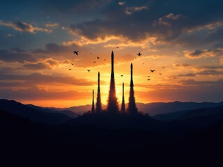 The missiles are aimed at the sky at sunset. Nuclear bomb, chemical weapons, missile defense, a system of salvo fire.