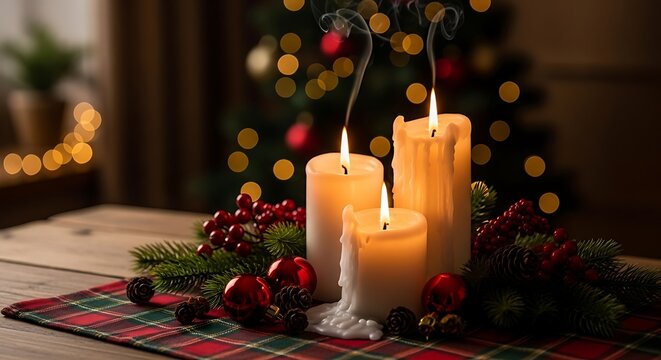 Christmas candles with festive decor. - Powered by Adobe
