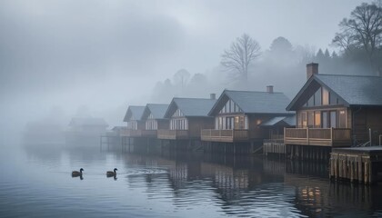 Fototapeta premium Wooden cabins on stilts along a misty lake, ducks swimming nearby.