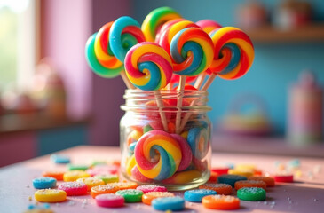 Swirly colorful lollipops in a transparent glass jar. Bright background for birthday party.