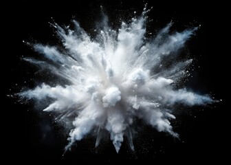 White powder explosion isolated on a black background with scattered power or clouds