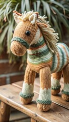 Hand-knitted toy horse with colorful yarn and wooden legs