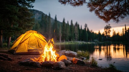 A tent pitched near a lake at sunset, with a campfire burning brightly.