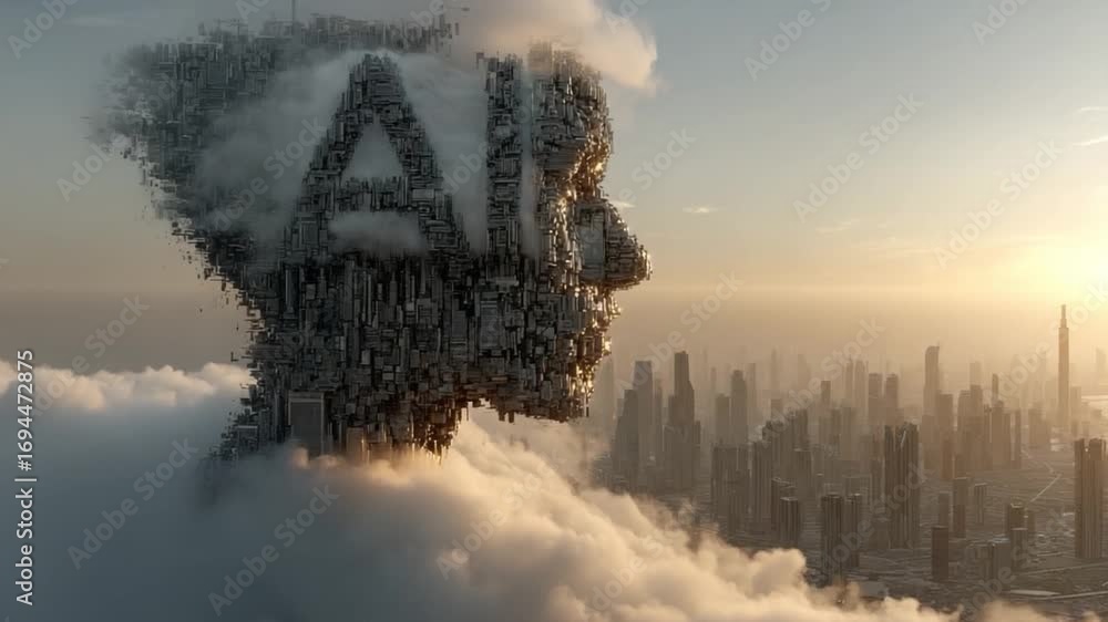 Poster ai cityscape: a thought-provoking image illustrating the concept of artificial intelligence with a c