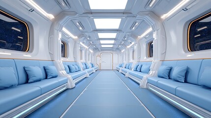 Fototapeta premium A futuristic spaceship interior with blue seats and white walls.