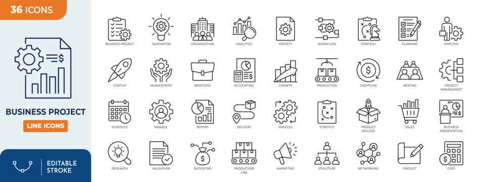 Business project icon set. Cotaining Business, planning, project, startup, marketing, strategy, succes, accounting, and more. Editable stroke. Vector illustration