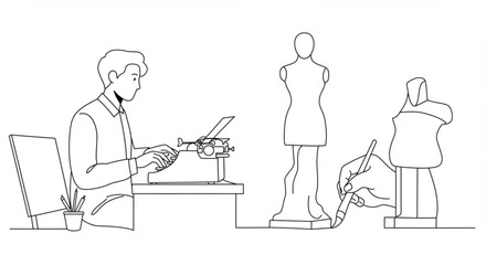 A line drawing showing a writer at a typewriter and a sculptor working on a dress form statue vreated with genrated ai