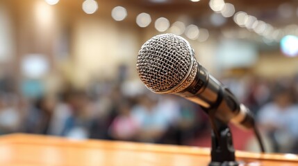 Microphone on a stage with a blurred audience in the background.