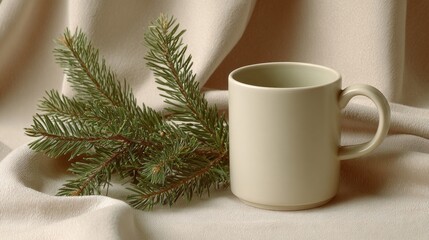 A white cup sits on a table next to a pine tree branch