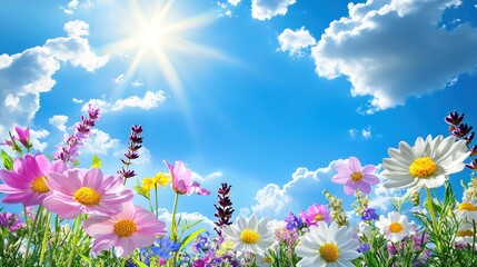A beautiful spring field filled with a variety of flowers, from daisies to lavender, under a sunny sky.
