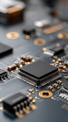 Detailed circuit board features a prominent chip and complex pathways with a clean, crisp background, enhancing the tech aesthetic