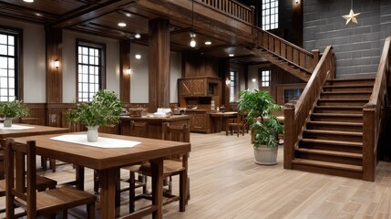 Fototapeta premium Explore a warm and inviting wooden restaurant featuring intricate architecture and a staircase leading to upper and lower dining spaces