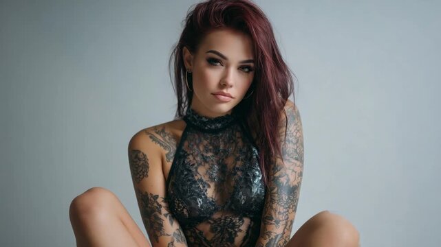 A stylish young woman showcases an edgy swimsuit with high leg cuts and bold blackwork tattoos, set against a light gray backdrop.