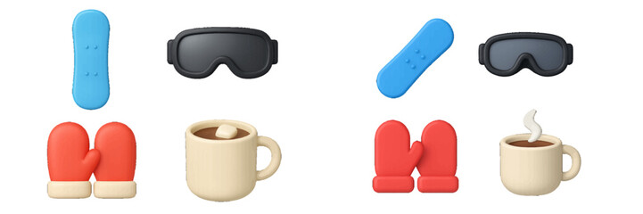 Winter sports and cozy hot drink items set with snowboards, ski goggles, warm mittens, and steaming mugs