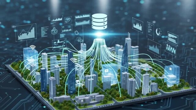 Futuristic smart city model with digital network, data processing, wireless communication, advanced technology infrastructure, cityscape innovation, urban architecture, and information connectivity - Powered by Adobe