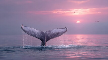 Fototapeta premium Whale tail at sunset with tranquil ocean and pink sky scene