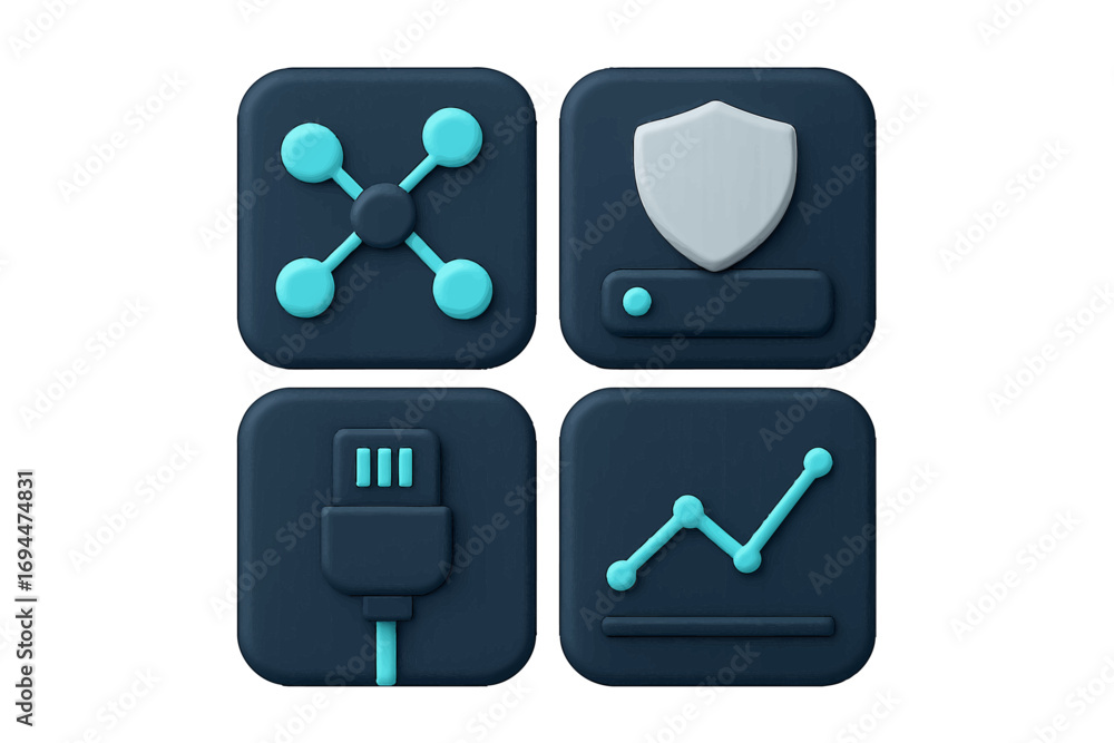 Aufkleber 3d icon set for technology and business applications featuring network connection, security shield, 
