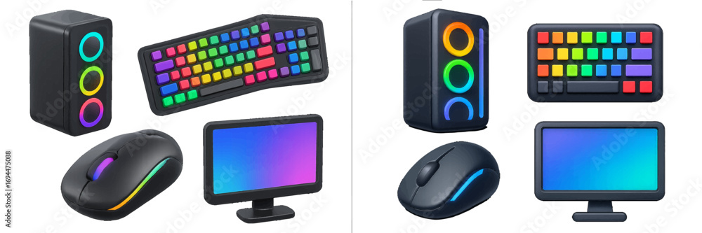 Poster collection of modern gaming computer hardware with colorful rgb backlighting including a keyboard, m