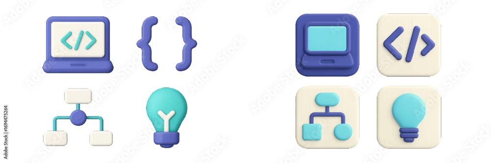 Fototapete modern 3d style icons representing programming, software development, and creative ideas for digital