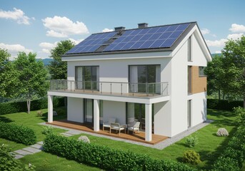 Modern two-story family home with solar panels and balcony amidst lush greenery