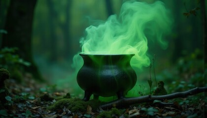 A dark green cauldron, shrouded in smoke, stands on moss in a mysterious forest. Mystical atmosphere and accents of greenery .