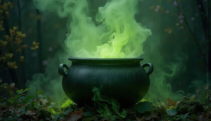 A dark green cauldron, shrouded in smoke, stands on moss in a mysterious forest. Mystical atmosphere and accents of greenery .