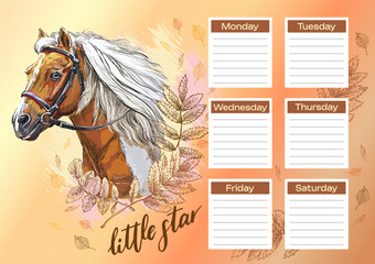 Autumn horse printable planner and school schedule vector
