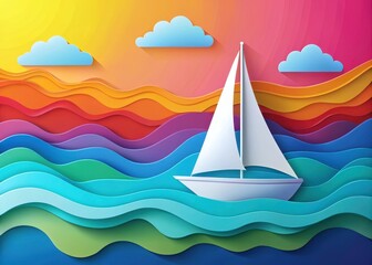 Naklejka premium Paper Cut Landscape with Sailing Boat on Vibrant Background