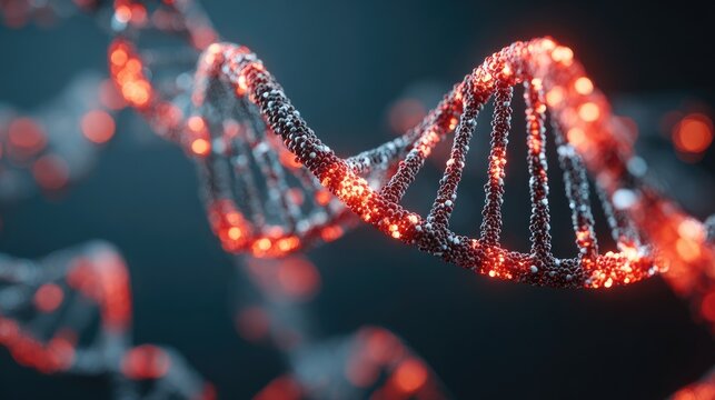 A glowing red DNA strand against a dark background. - Powered by Adobe