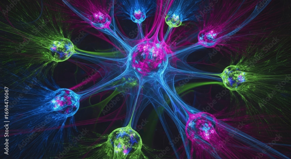 Poster a vivid abstract network of glowing interconnected spheres and filaments in luminous blue magenta an