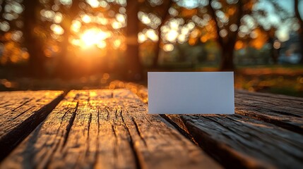 Blank white card on textured wood at golden sunset ideal for personal messages and farewells