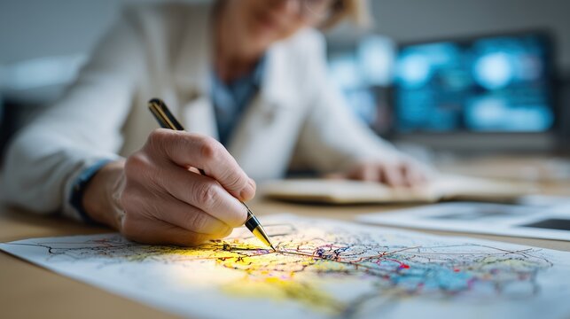 Une personne dessine sur une carte routi&egrave;re avec un stylo dore lumineux