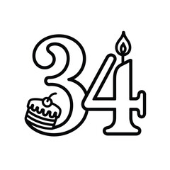 Outline of number 34 with a small cake and birthday candle
