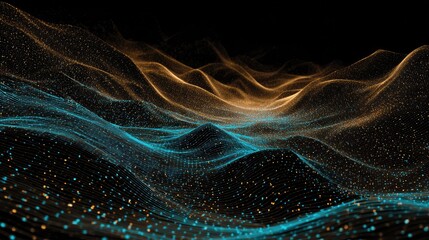 Fototapeta premium Golden and blue abstract wave patterns on a black background.