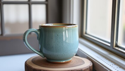 Serene ceramic coffee mug placed on wooden coaster by window