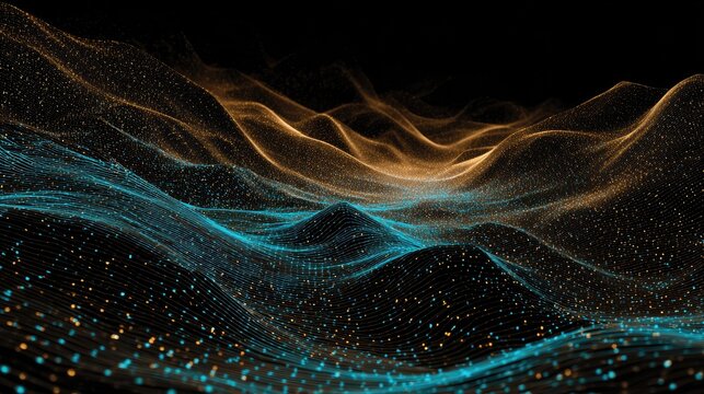 Golden and blue abstract wave patterns on a black background.