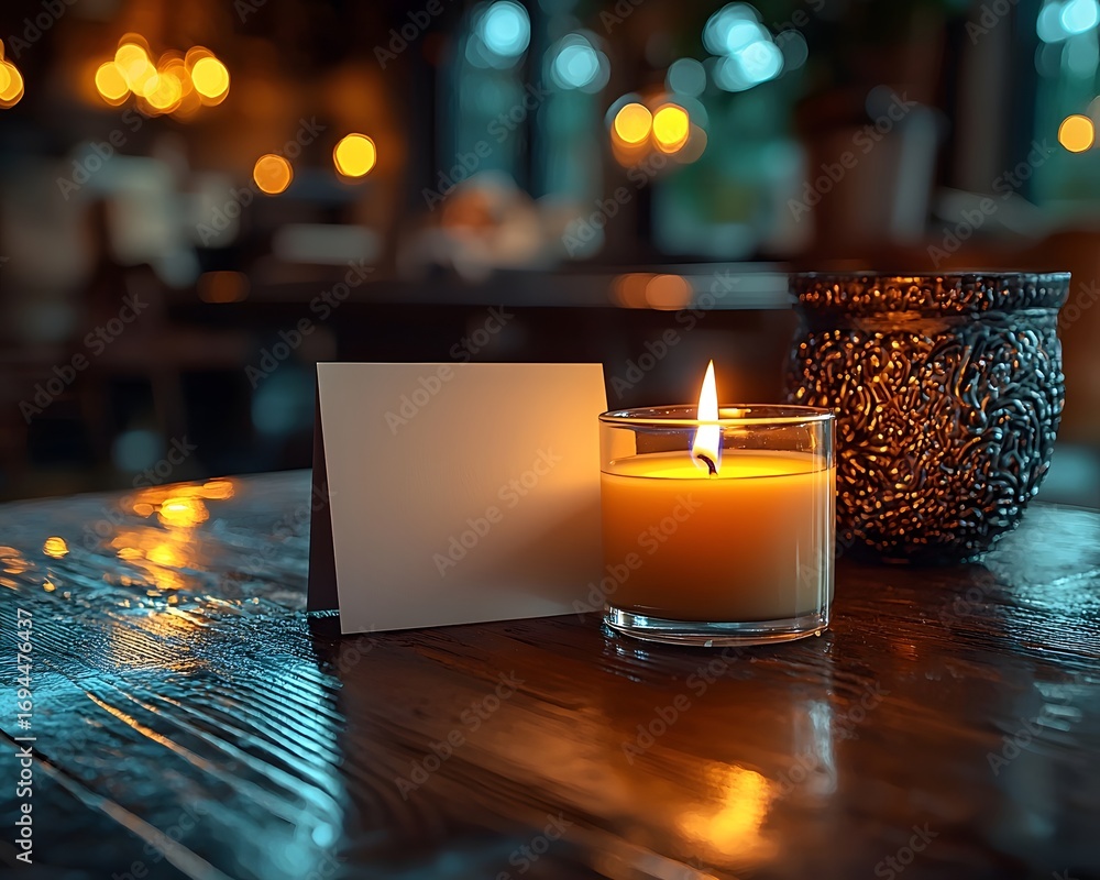 Poster a lit candle and blank card on a wooden table with soft bokeh lights in the background