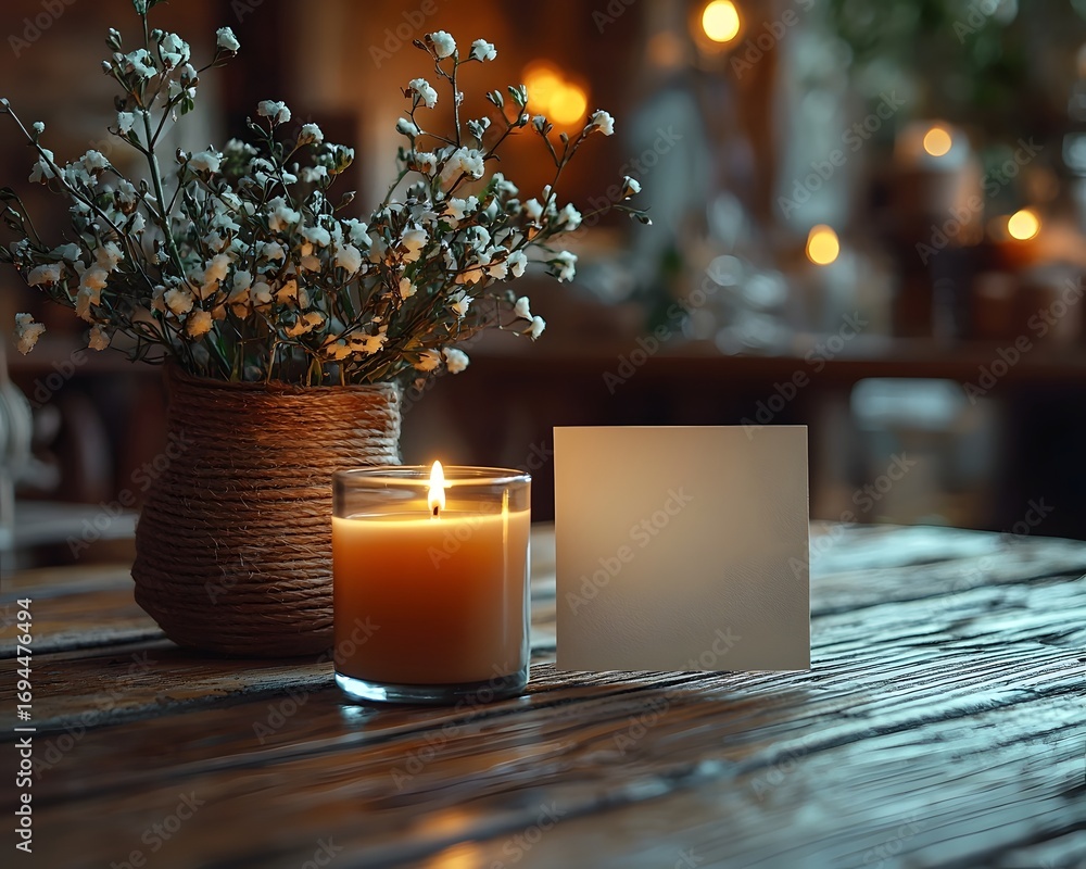 Poster A lit candle and a blank card on a rustic wooden table create a warm intimate atmosphere