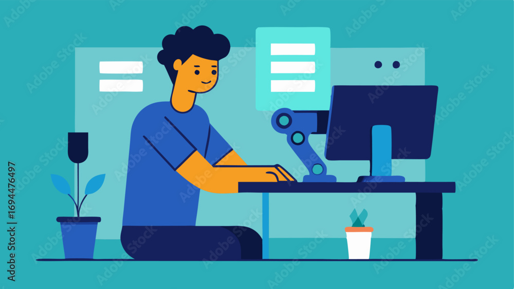 Poster design process an illustration of a designer at a computer working on a digital model of a prostheti