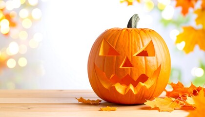 Festive halloween pumpkin with carved face and autumn leaves arrangement