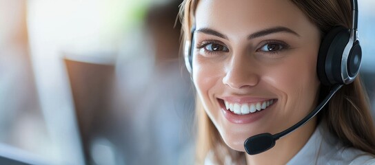 Smiling call center woman with headset providing customer support and communication services, ideal for business websites, marketing, and corporate presentations
