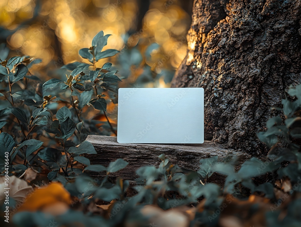 Poster blank white card on a rustic log in a tranquil forest setting providing copy space