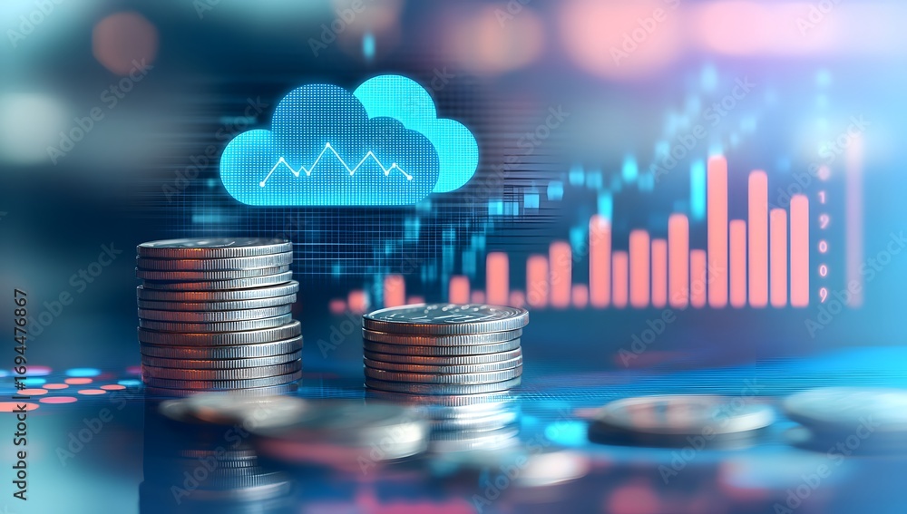 Poster a stack of coins with a holographic cloud symbol and stock chart on top,