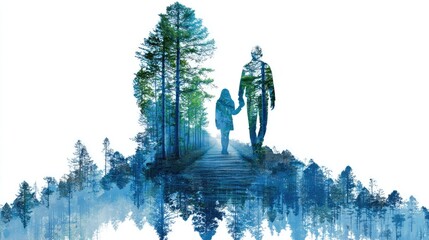 A couple walking through a forest, holding hands, with a blue and green color scheme.