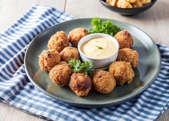 Deep-fried bull testicles on a plate with dipping sauce and sides