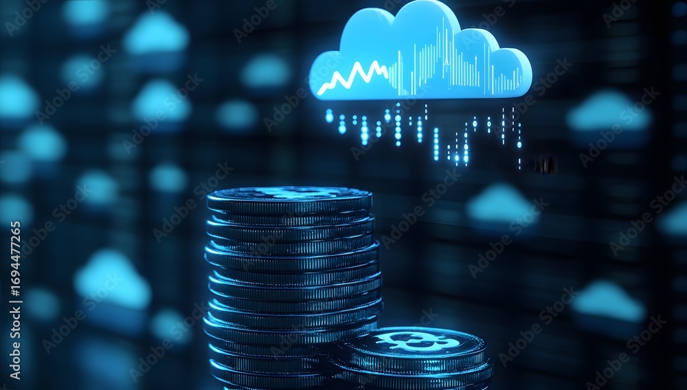 Poster a stack of coins with a holographic cloud symbol and stock chart on top,