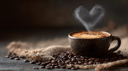 Coffee cup with steam forming a heart shape