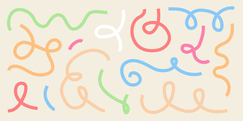 Set of festive colorful squiggly lines. Geometric abstract shapes of ribbons. Dynamic party element set.
