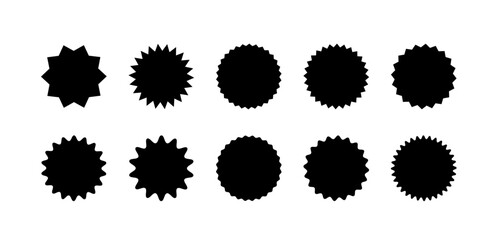 Starburst sticker set. Collection of simple black sunburst badges, deal tags, price tag or quality seal with wavy edge. Flat design vector elemens.