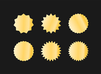 Starburst sticker set. Collection of gold sunburst badges, deal tags, price tag or quality seal with wavy edge. Flat design vector elemens.